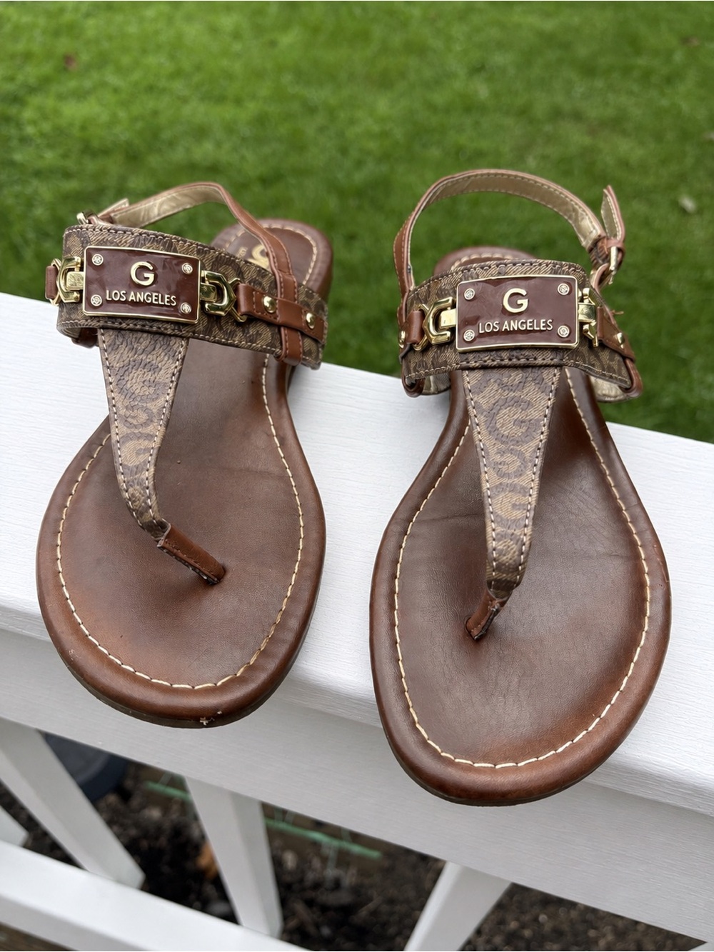 GBG Los Angeles Brown and Tan T-Strap Logo Sandals